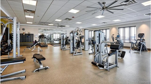 22345 E Bailey Pl, Aurora, CO 80016 - exercise room with a paneled ceiling, ceiling fan, a healthy amount of sunlight, and visible vents
