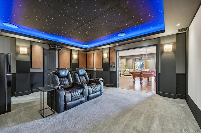27423 E Euclid Dr, Aurora, CO 80016 - cinema room with a raised ceiling, billiards, and carpet flooring