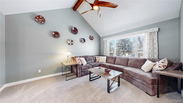 carpeted living area with beam ceiling, high vaulted ceiling, baseboards, and ceiling fan