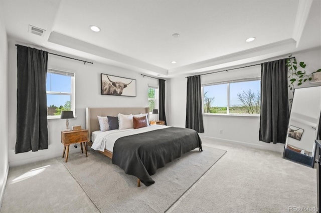 5078 S Quail St, Littleton, CO 80127 - bedroom featuring a tray ceiling, multiple windows, light colored carpet, and recessed lighting