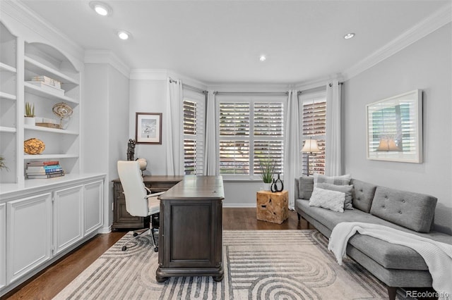 home office featuring built in features, ornamental molding, recessed lighting, and dark wood finished floors