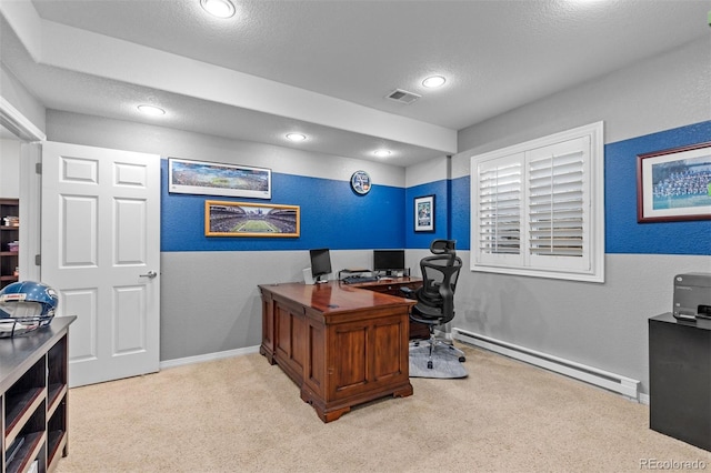 home office featuring visible vents, recessed lighting, light carpet, baseboard heating, and baseboards