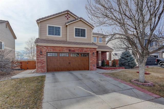 traditional home featuring a tiled roof, concrete driveway, and brick siding