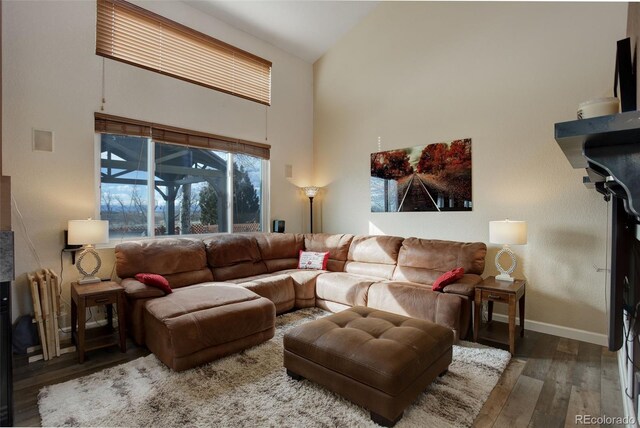 living room featuring high vaulted ceiling, wood-type flooring, and baseboards