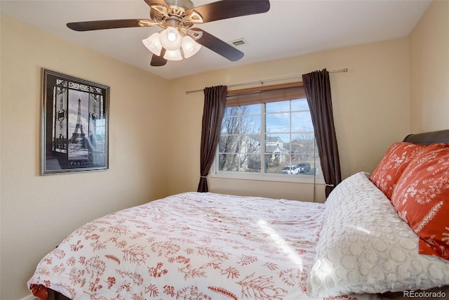 bedroom with visible vents and a ceiling fan