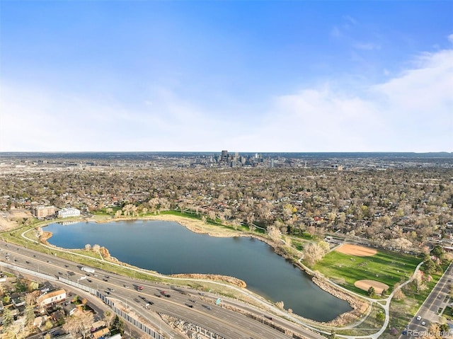 4942 Grove St, Denver, CO 80221 - birds eye view of property featuring a water view