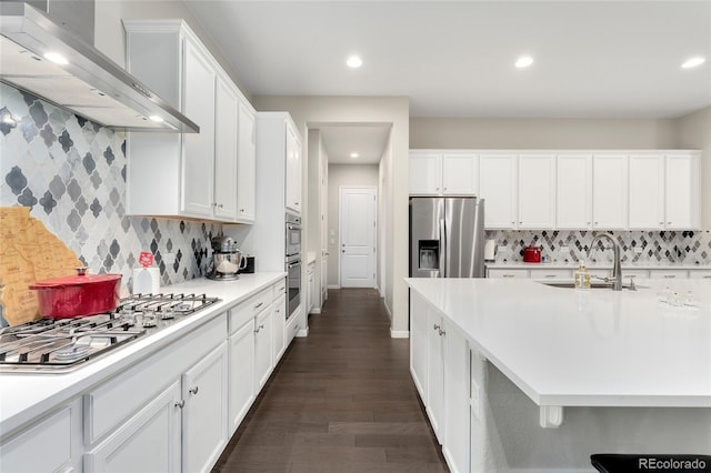 kitchen featuring wall chimney exhaust hood, white cabinetry, stainless steel appliances, and sink