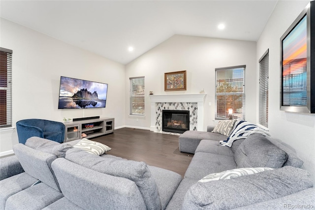 living room featuring hardwood / wood-style flooring, vaulted ceiling, and a fireplace