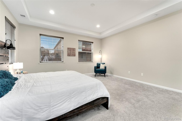 carpeted bedroom with a raised ceiling