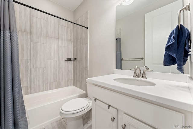 full bathroom featuring vanity, shower / tub combo with curtain, and toilet