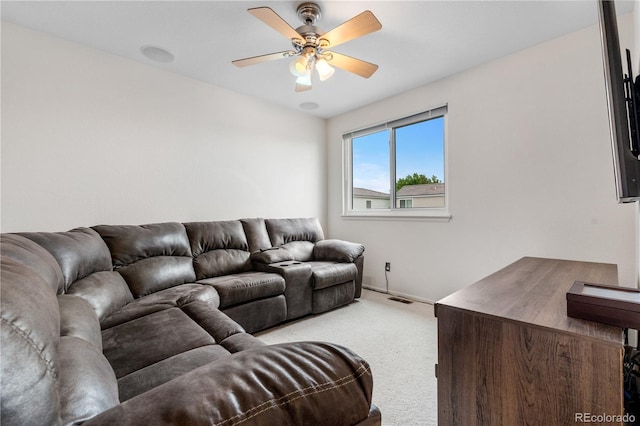 20835 E 47th Ave, Denver, CO 80249 - living room with light carpet, a ceiling fan, and visible vents