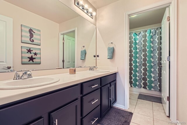 12578 Hudson Ct, Thornton, CO 80241 - full bath featuring double vanity, tile patterned floors, and a shower with shower curtain
