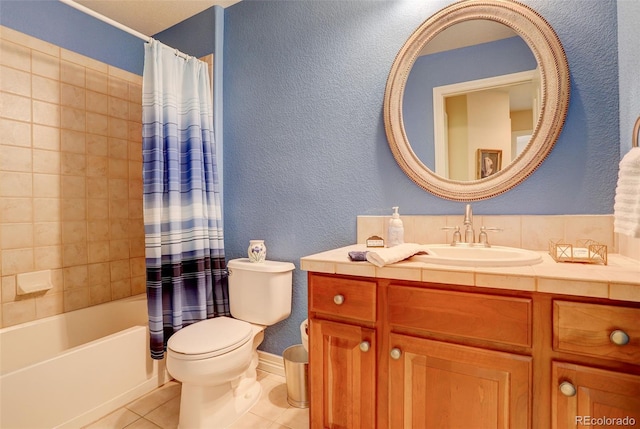 bathroom with vanity, a textured wall, tile patterned flooring, toilet, and shower / bathtub combination with curtain