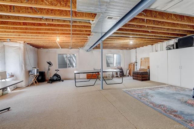 below grade area featuring visible vents and carpet