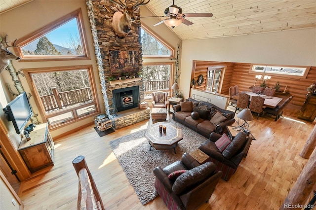 living room featuring wooden ceiling, light wood-style flooring, high vaulted ceiling, and a ceiling fan