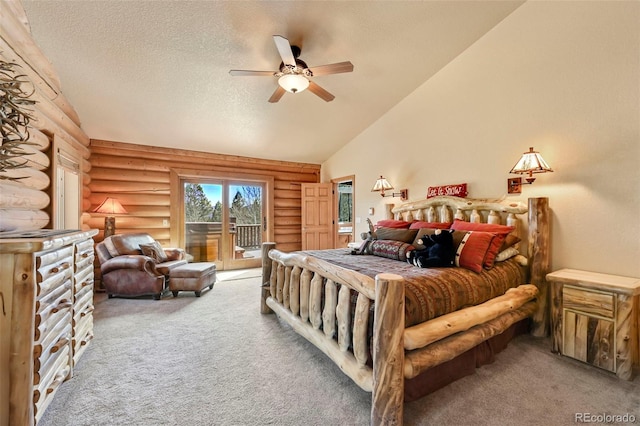 carpeted bedroom featuring a textured ceiling, ceiling fan, high vaulted ceiling, access to outside, and log walls