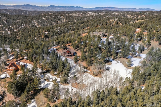 drone / aerial view featuring a forest view and a mountain view