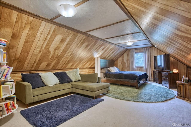 carpeted bedroom with vaulted ceiling, a textured ceiling, and wooden walls