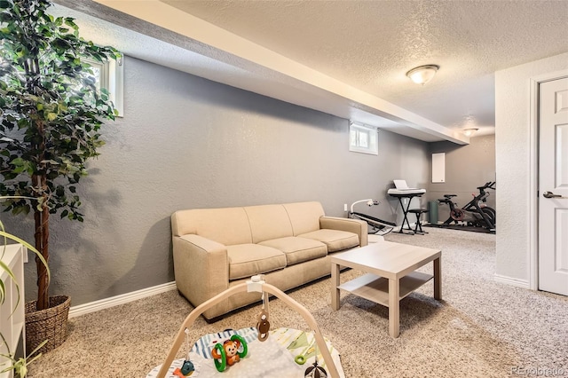 living room featuring carpet and a textured ceiling