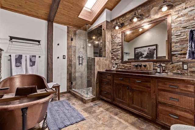 20223 Goins Dr, Morrison, CO 80465 - full bath with lofted ceiling, a skylight, a stall shower, wood ceiling, and vanity