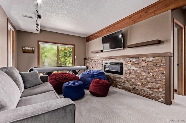 20223 Goins Dr, Morrison, CO 80465 - living area featuring carpet flooring, a textured ceiling, rail lighting, and a glass covered fireplace