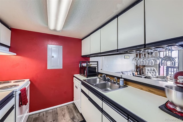 kitchen with electric panel, a sink, white appliances, light wood-type flooring, and white cabinetry