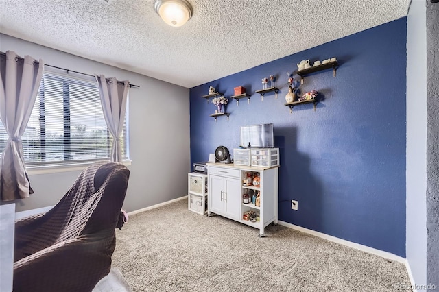 office featuring a textured ceiling, carpet floors, and baseboards