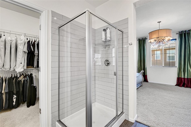 3437 Rosato Dr Unit C, Highlands Ranch, CO 80126 - full bathroom with a spacious closet, a shower stall, a chandelier, and baseboards
