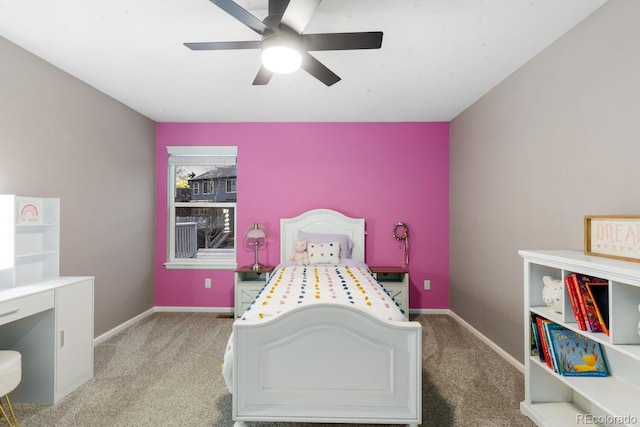 bedroom with baseboards, carpet, and ceiling fan