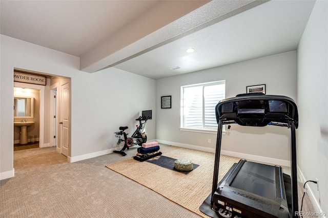 workout area featuring sink and light colored carpet