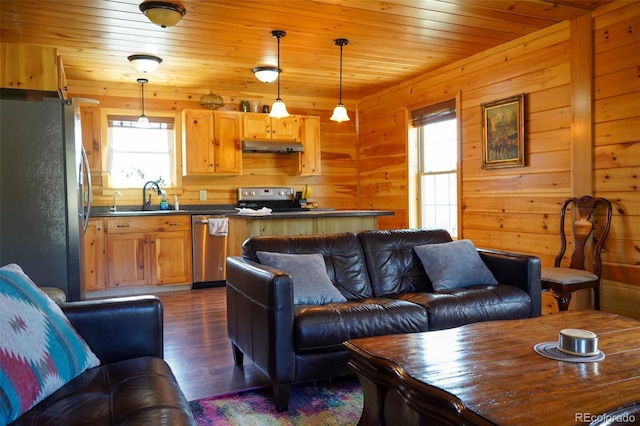 living room featuring dark hardwood / wood-style floors, wooden walls, sink, and wooden ceiling