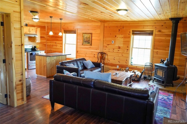 living room featuring dark hardwood / wood-style flooring, wooden walls, a wood stove, and wood ceiling