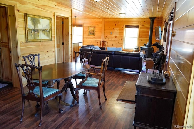 dining area with wooden walls, dark hardwood / wood-style flooring, wood ceiling, and a wood stove