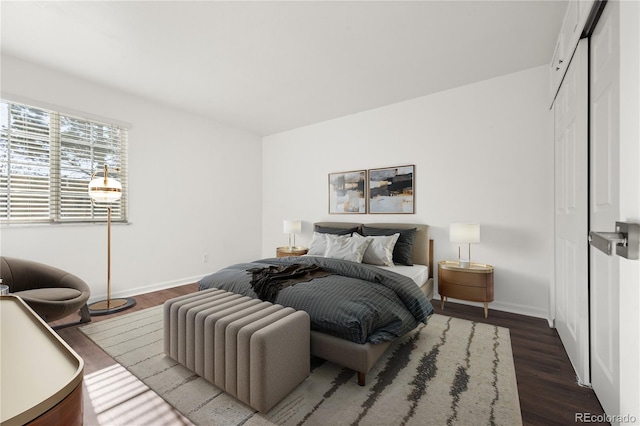 bedroom featuring dark wood-type flooring and a closet