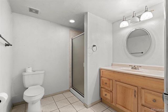 bathroom featuring walk in shower, tile patterned floors, toilet, and vanity