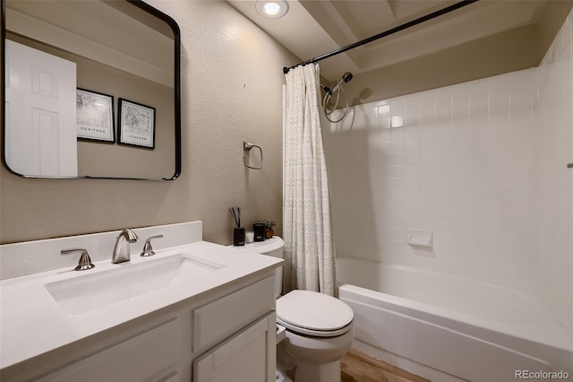 full bathroom with toilet, shower / tub combo, and vanity