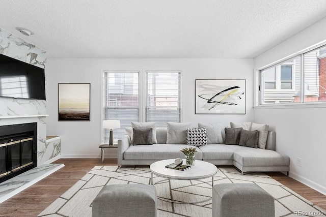 living room with light wood-type flooring, a wealth of natural light, and a high end fireplace