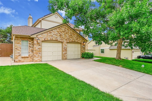 2316 Weatherstone Cir, Highlands Ranch, CO 80126 - traditional home with brick siding, an attached garage, a front yard, a chimney, and roof with shingles