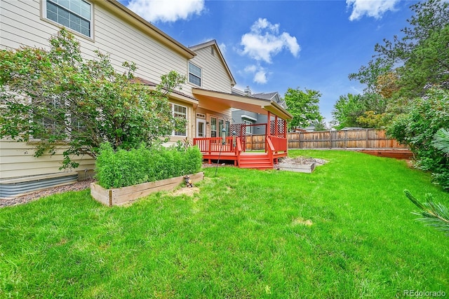2316 Weatherstone Cir, Highlands Ranch, CO 80126 - fenced backyard featuring a wooden deck and a garden