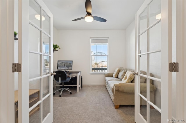 office area with carpet flooring, ceiling fan, french doors, and baseboards