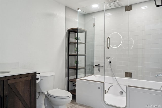 full bathroom with vanity, toilet, visible vents, and a shower with door