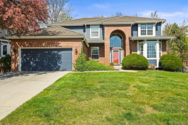 5723 S Everett Way, Littleton, CO 80123 - traditional-style home with a garage, driveway, a front lawn, and brick siding