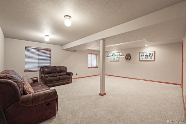 5723 S Everett Way, Littleton, CO 80123 - carpeted living room featuring baseboards and a textured ceiling