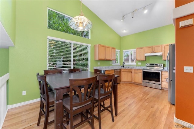 1241 S Akron Way, Denver, CO 80247 - kitchen featuring stainless steel appliances, light brown cabinets, high vaulted ceiling, under cabinet range hood, and light wood-style floors