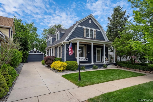 5675 S Crocker St, Littleton, CO 80120 - view of front facade with a porch, an outdoor structure, a front yard, a detached garage, and a gambrel roof