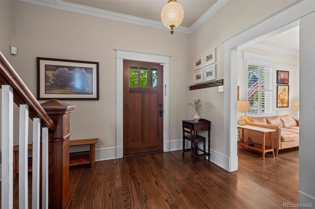 5675 S Crocker St, Littleton, CO 80120 - foyer entrance featuring crown molding, dark wood-style flooring, stairway, and baseboards