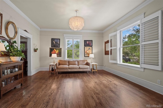 5675 S Crocker St, Littleton, CO 80120 - living area with a chandelier, crown molding, dark wood-style floors, and baseboards