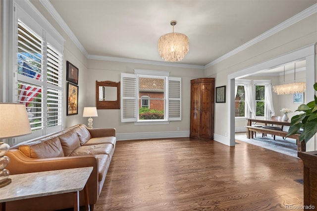 5675 S Crocker St, Littleton, CO 80120 - living area with a chandelier, dark wood finished floors, ornamental molding, and baseboards