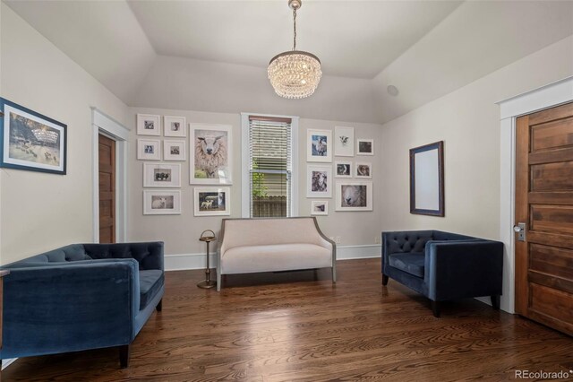 5675 S Crocker St, Littleton, CO 80120 - living area featuring a chandelier, wood finished floors, lofted ceiling, and baseboards