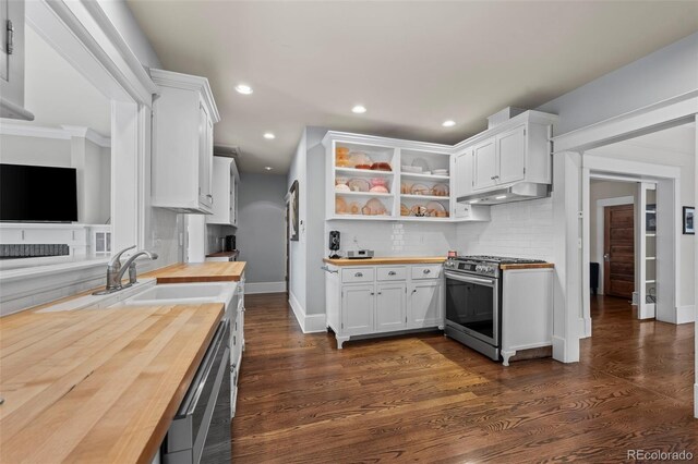 5675 S Crocker St, Littleton, CO 80120 - kitchen with butcher block counters, stainless steel appliances, a sink, under cabinet range hood, and recessed lighting